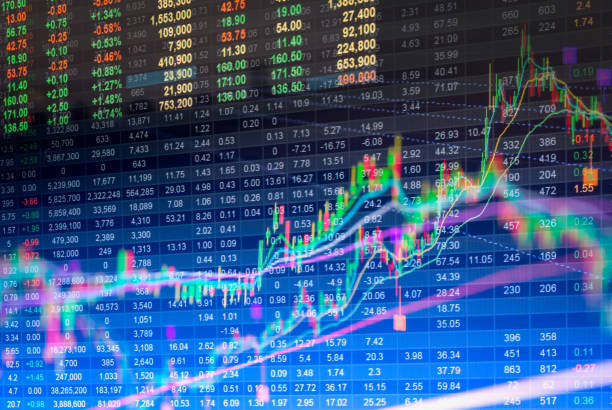 indicador de mercado de ações e dados financeiros vista de led. duplo - trading floor - fotografias e filmes do acervo