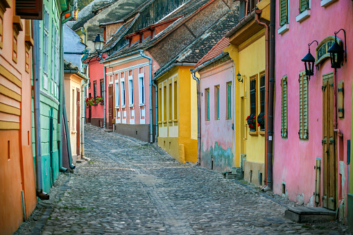 Rustic cobblestone street with colorful houses in old town Sighisoara.