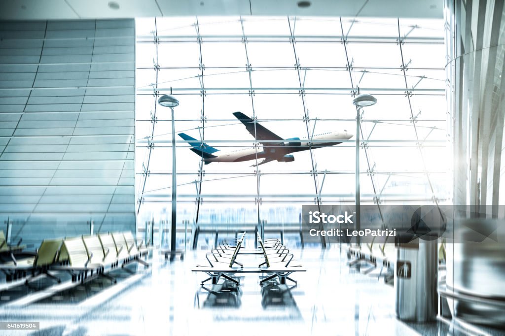 Airport waiting Lounge and airplane take off and landing International airport waiting lobby and airplane take off and landing Airport Stock Photo