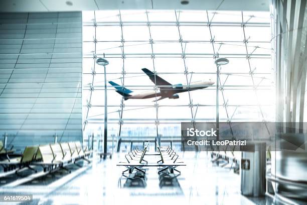 Airport Waiting Lounge And Airplane Take Off And Landing Stock Photo - Download Image Now