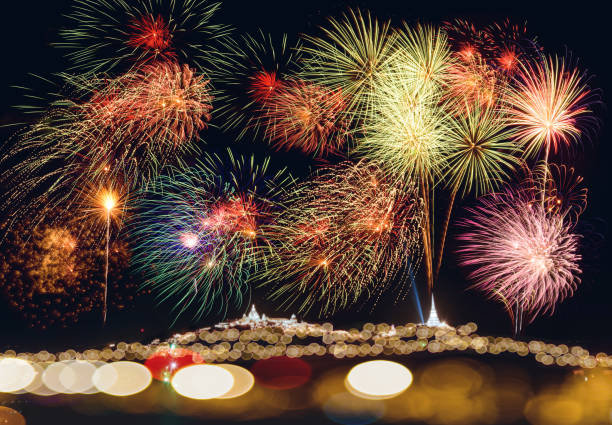 istock Beautiful firework show for celebration with blur bokeh light over Phra Nakhon Khiri (Khao Wang), Petchaburi, Thailand. 641619516