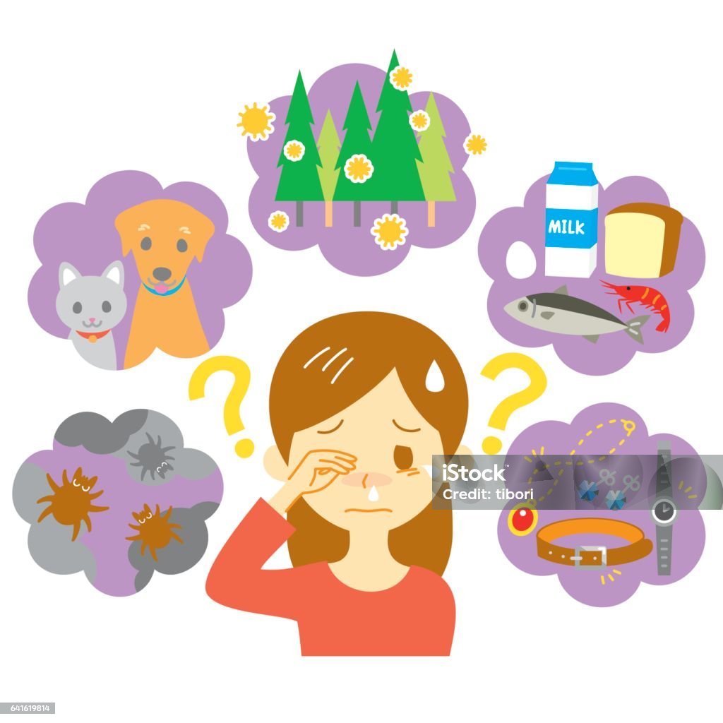 Causes of allergies Causes of allergies, ticks, pets, pollen, food, metals Allergy stock vector