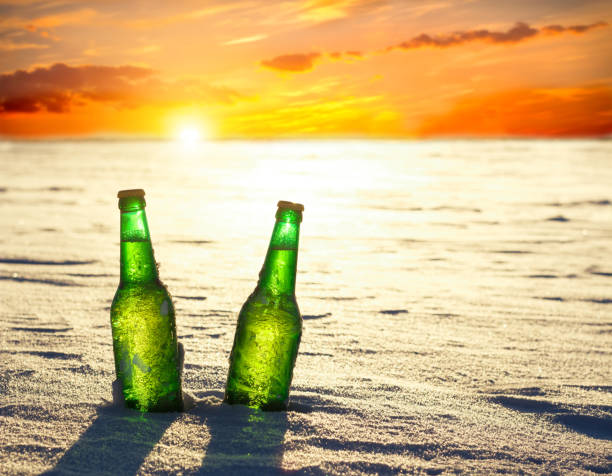 istock Two bottles of cold beer on the snow at sunset 641620536