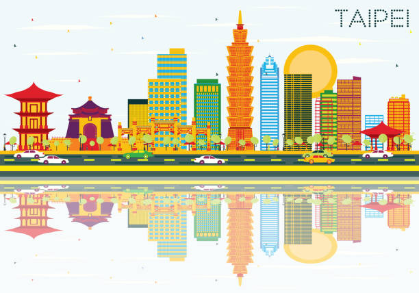 taipei skyline mit farbe gebäuden, blauer himmel und reflexionen. - backgrounds cityscape taipei taiwan stock-grafiken, -clipart, -cartoons und -symbole