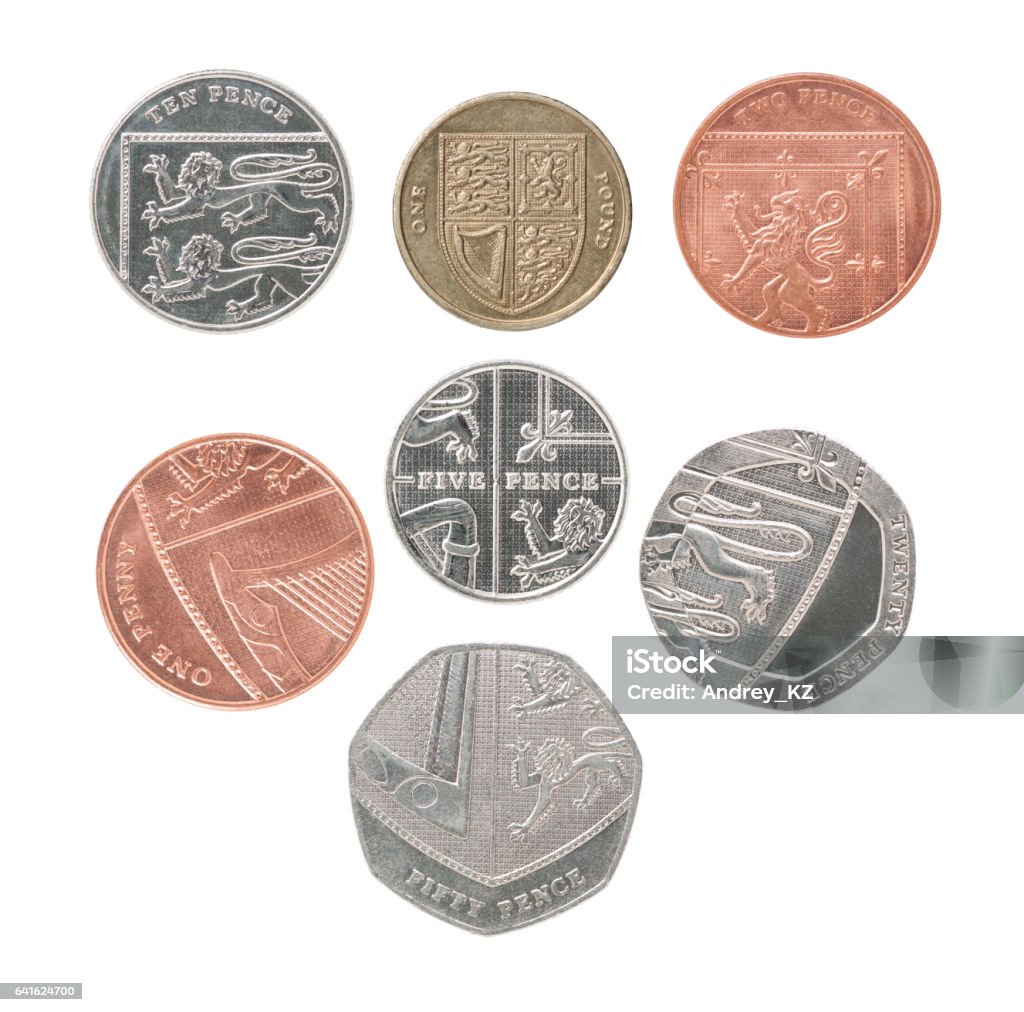 England set coin England set of coins with the emblem of a shield isolated on white background British Coin Stock Photo