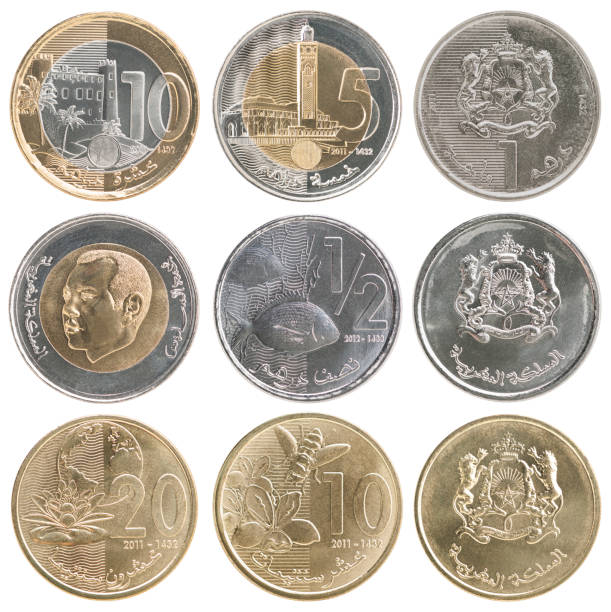 Full set of coins of Morocco A complete set of new coins of Morocco isolated on white background moroccan currency photos stock pictures, royalty-free photos & images