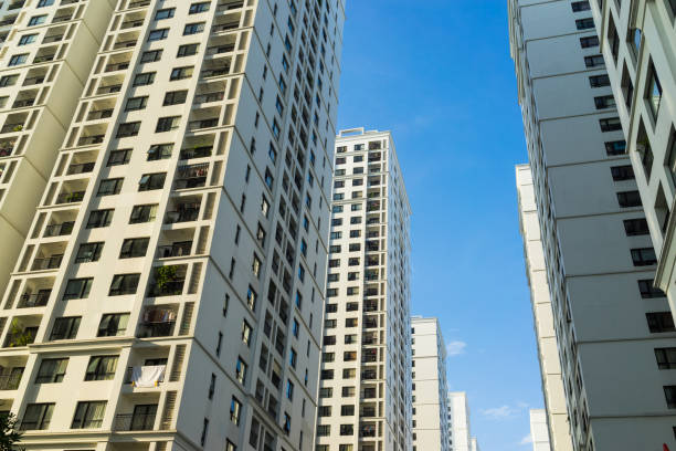 istock Resident apartment buildings against blue sky 641628500