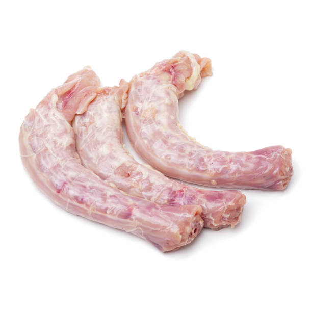 Raw chicken neck，Chicken meat macro isolated on white background