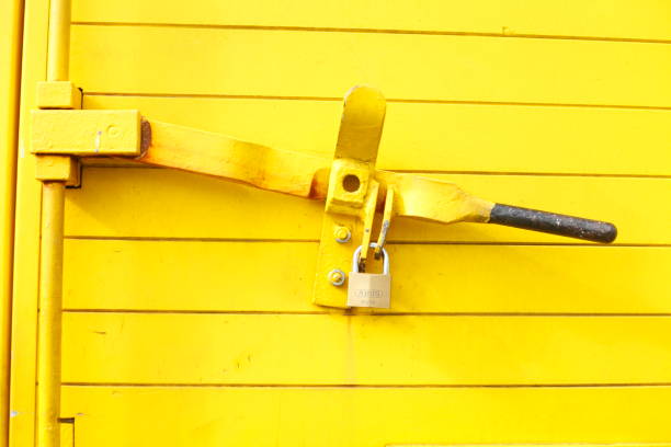 istock Yellow door latch, old railway wagon 641632536