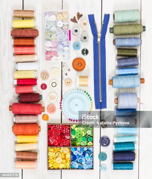 Tools For Sewing On Light Wooden Background Top View Stock Photo - Download Image Now