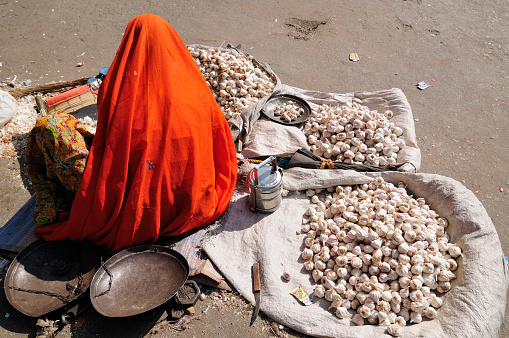 Indian Colorfully woman seling the vegetables on the street