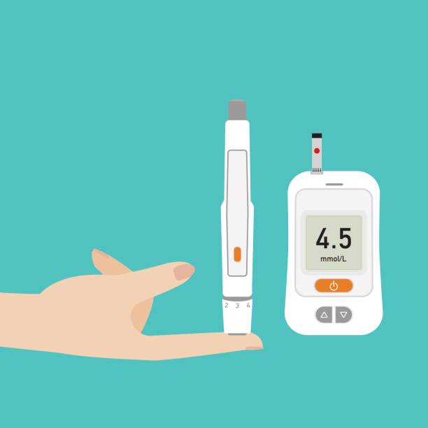 Puncture the finger using an automatic Lancet to check blood sugar on Glucose meter vector art illustration