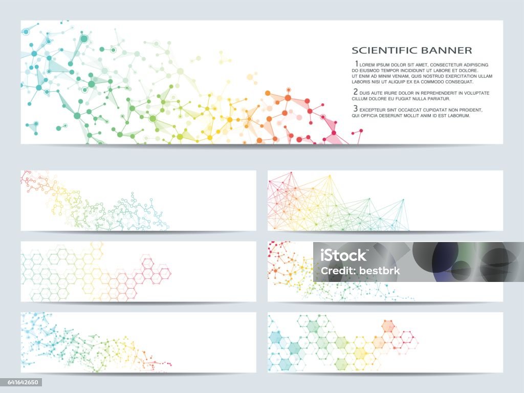 Satz von modernen wissenschaftlichen Banner. DNA-Molekül Struktur und Neuronen. Zusammenfassung Hintergrund. Medizin, Wissenschaft, Technologie, Wirtschaft, Website-Vorlagen. Skalierbare Vektorgrafiken - Lizenzfrei Bildhintergrund Vektorgrafik