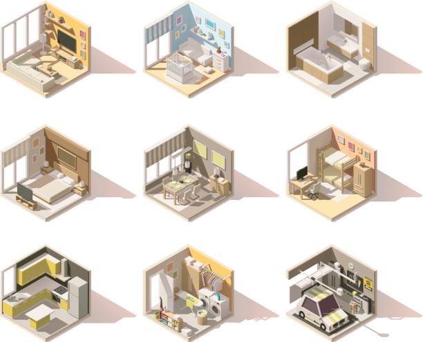 вектор изометрический низкий поли домашних комнат набор - computer icon home interior residential structure appliance stock illustrations
