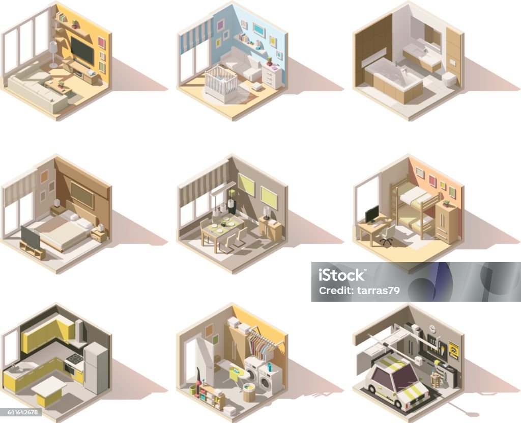 Vector isometric low poly home rooms set Vector isometric low poly home rooms set. Includes living room, bathroom, kitchen, kids room, garage, bedroom, dining room and other Isometric Projection stock vector