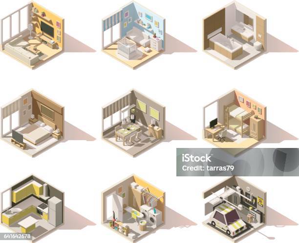 Vector Isometric Low Poly Home Rooms Set Stock Illustration - Download Image Now - Isometric Projection, Three Dimensional, Domestic Room