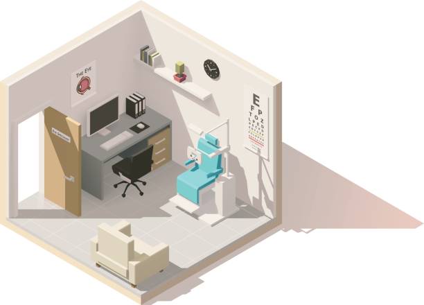 Vector isometric low poly ophthalmologist office Vector isometric low poly ophthalmologist office cutaway icon. Includes phoropter, eye chart, doctor s working desk and other furniture medical examination room stock illustrations