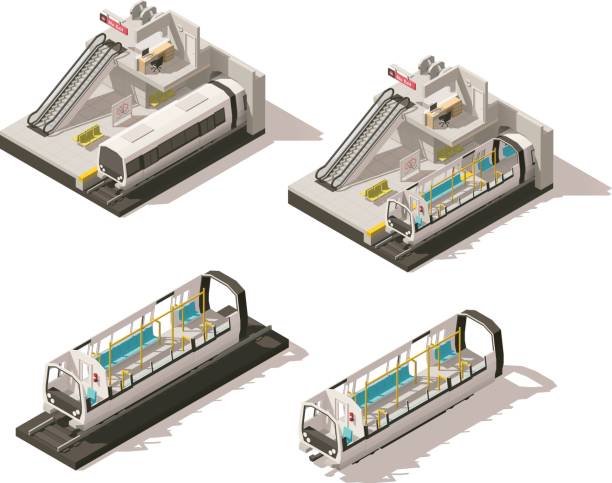 ilustraciones, imágenes clip art, dibujos animados e iconos de stock de corte de vector isométrica poly bajo metro estación - stair rail