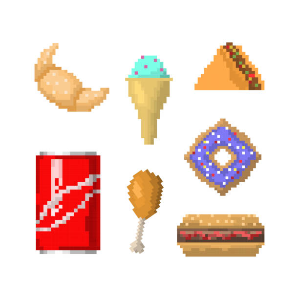 ilustrações, clipart, desenhos animados e ícones de ícones de fast-food do pixel arte vetorial - set cake cream sweet food