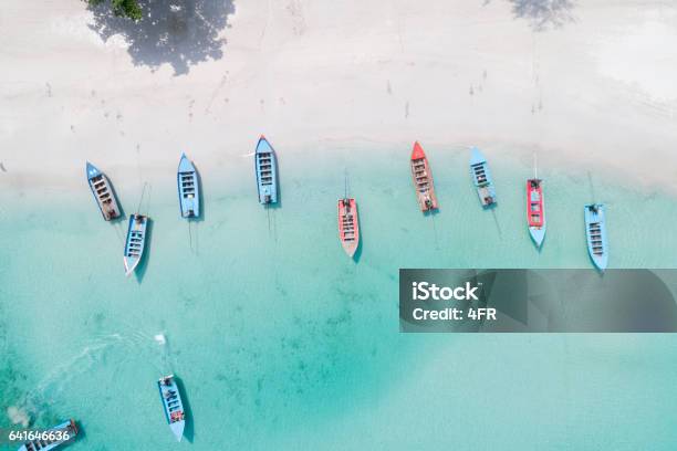 Longtail Boats Birdseye View Haad Rin Beach Thailand Stock Photo - Download Image Now