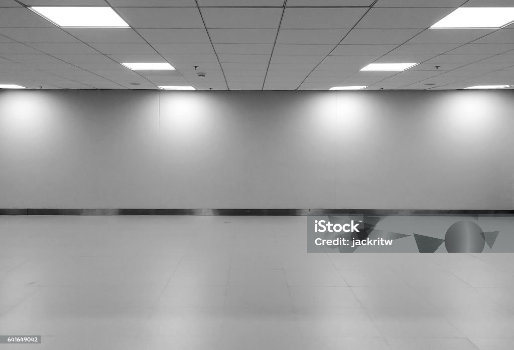 Vue en perspective de vide espace classique monotone noir blanc bureau chambre avec rangée plafond LED lampes et lumières abat-jour sur le mur pour l’intérieur de la Galerie/modèle à mock up Display meubles de bureau - Photo de Plafond libre de droits