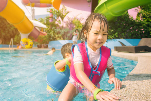 istock Asian sibling are playing in swimming pool 641649706