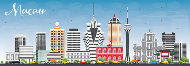 Vector illustration of Macau Skyline with Gray Buildings and Blue Sky.