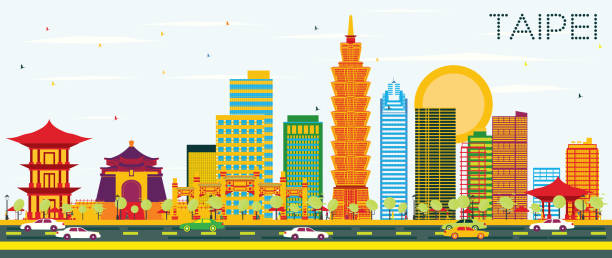 тайбэй скайлайн с цветными зданиями и голубым небом. - backgrounds cityscape taipei taiwan stock illustrations