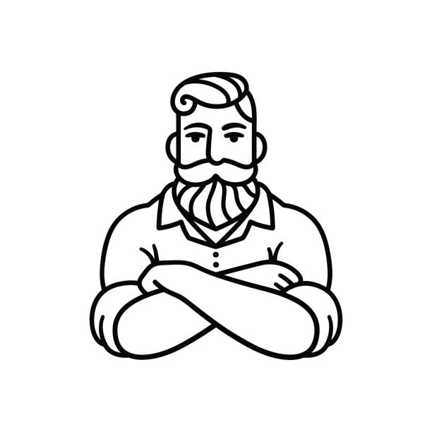 Man with beard and mustache Black and white line drawing of bearded man with arms crossed. Stylish hipster logo illustration. bartender illustrations stock illustrations