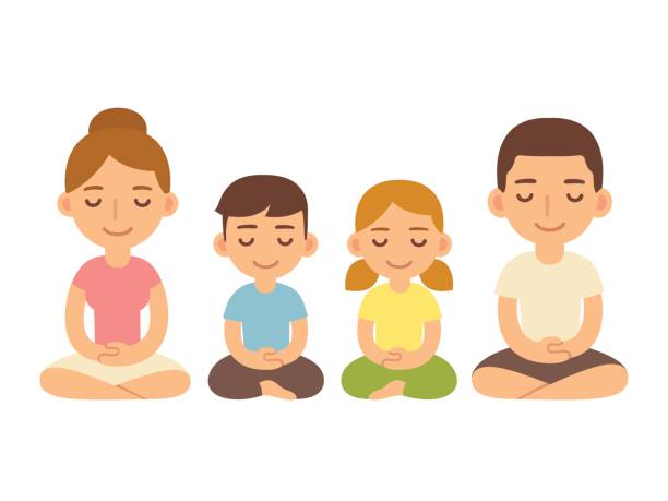 Family sitting in meditation. Family meditating sitting in lotus pose, young adults and children. Cute cartoon meditation and mindfullness lifestyle illustration. chan buddhism stock illustrations