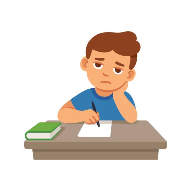 Bored kid at school Bored kid doing homework or sitting on boring school lesson. Cute cartoon vector illustration. desk clipart stock illustrations