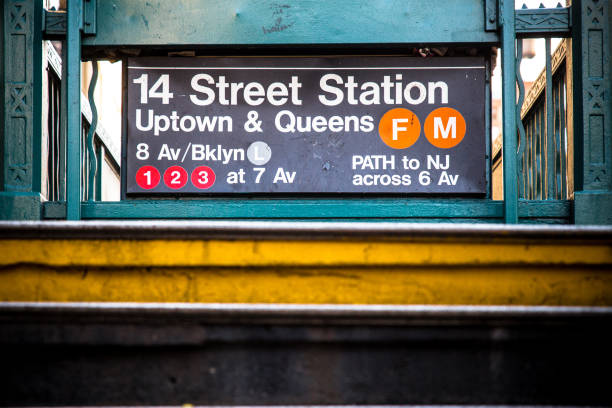 New York. USA. 03.04.2025. Subway platform at Rockefeller Center station in New York City, featuring tracks, tunnel entrance and warning signs.