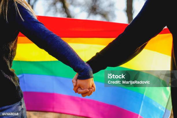 Two Lesbian Girls Holding Hands And Rainbow Flag Stock Photo - Download Image Now - LGBTQIA Culture, Pride, Day