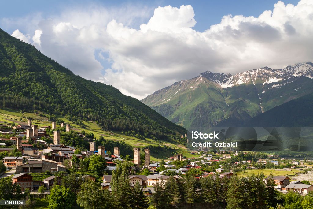 Medieval towers and village houses in Mestia, Caucasus Mountains, Georgia Medieval towers and houses in Mestia, Georgia. Architecture Stock Photo