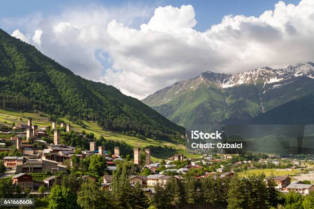 Medieval Towers And Village Houses In Mestia Caucasus Mountains Georgia Stock Photo - Download Image Now