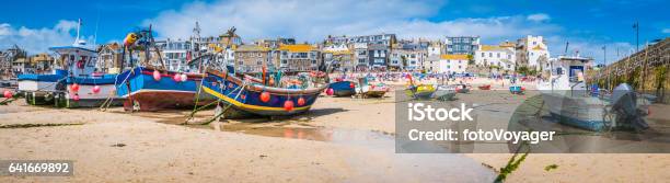 Cornwall St Ives Fishing Boats And Tourists Beach Harbour Panorama Stock Photo - Download Image Now