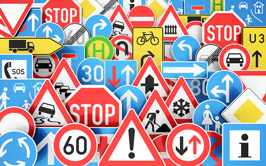 Background with many different traffic signs, 3D rendering