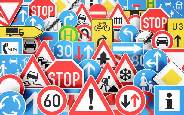 Background with many different traffic signs, 3D rendering