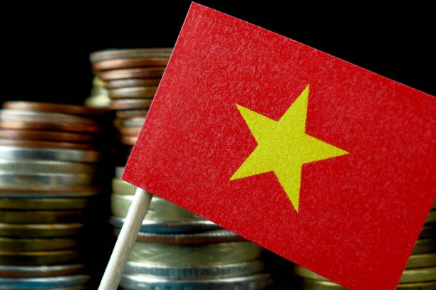 istock Vietnam flag waving with stack of money coins macro 641671404
