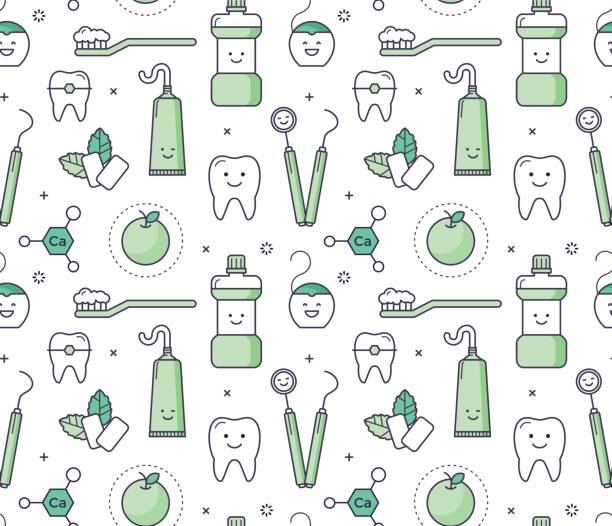 아이 들을 위한 치과 대 한 아이코 닉 완벽 한 패턴 - toothbrush stock illustrations