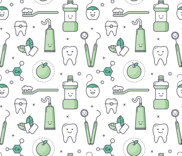 stockillustraties, clipart, cartoons en iconen met iconische naadloze patroon over tandheelkunde voor kinderen - tandartsapparatuur illustraties