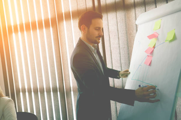 istock Young businessman holding a presentation 641674394