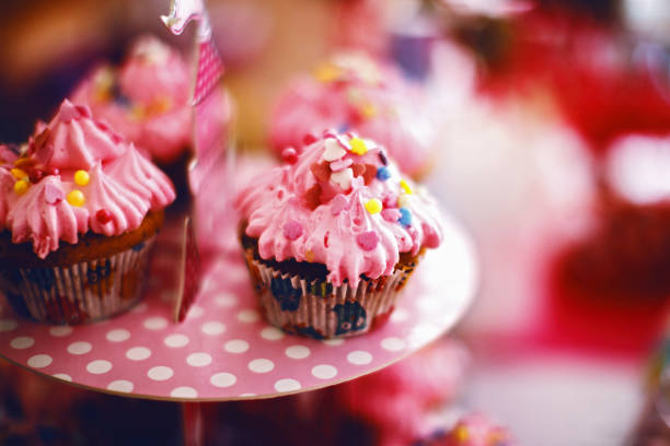 istock Pink muffins on colorful plate 641674870
