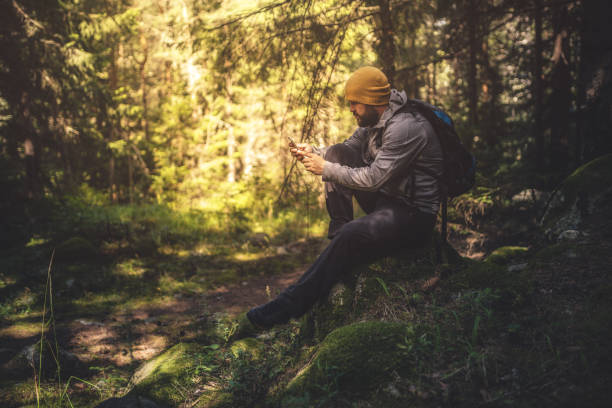 istock Traveler uses smartphone in the forest 641677130