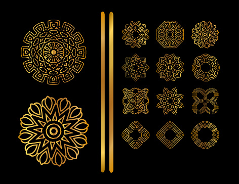 Mandala golden set.  Gold mandala on black background. Ethnic vintage pattern Islamic design