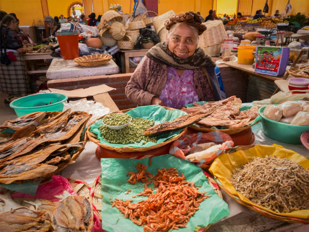Zapotec woman selling dried seafood in market Senior Zapotec woman with traditional braids in her hair selling dried seafood and peas at the Mercado Municipal in Teotitlan del Valle, Oaxaca, Mexico. oaxaca city photos stock pictures, royalty-free photos & images