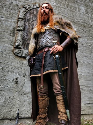 Old Norse Viking Warrior Authentic Pelt Period Costume Bearded Man. Viking warriors were nomads known for their brutal attacks and weapon of choice, the battle axe.