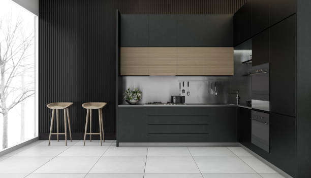 3d rendering modern dark wood kitchen with winter view stock photo