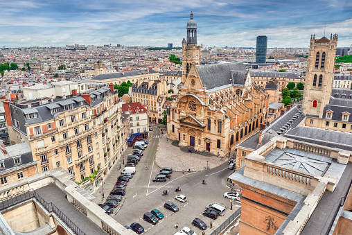Beautiful panoramic view of Paris from the roof of the Pantheon. View on Church of Saint-Etienne-du-Mont.