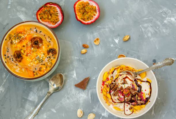 istock smoothie bowls with chocolate and tropical fruits 641709448